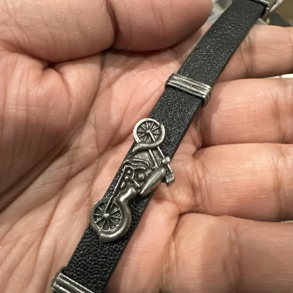 Vintage Motorcycles‎ Bike Silver And Black Leather Wrist Band Fit 7inch Wrist